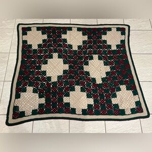 VTG Handmade Afghan Couch Throw Blanket Maroon Green Tan 60” x 65” Crochet